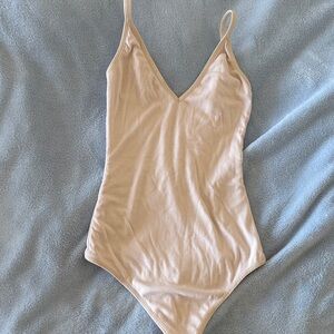 Talula Nude Beige V‑Neck Spaghetti Strap Bodysuit